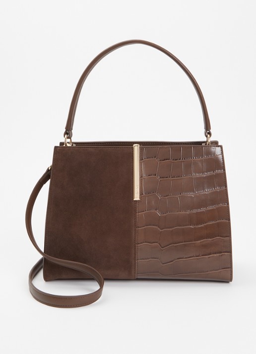 Dune London Destined Medium handtas van leer met crocostructuur en details van suède - voorkant 5 chocoladebruin