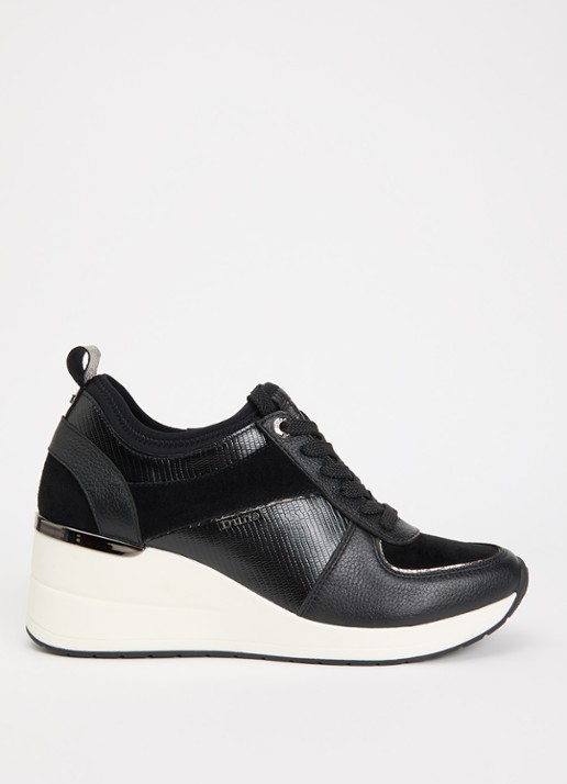 Dune London Eloisa sneakerwedge met details van suède - voorkant 2 zwart