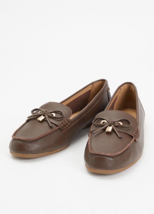 Dune London Girella mocassin van leer met strikdetail - detail chocoladebruin