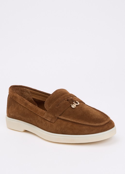 Dune London Grinning loafer van suède - voorkant cognac