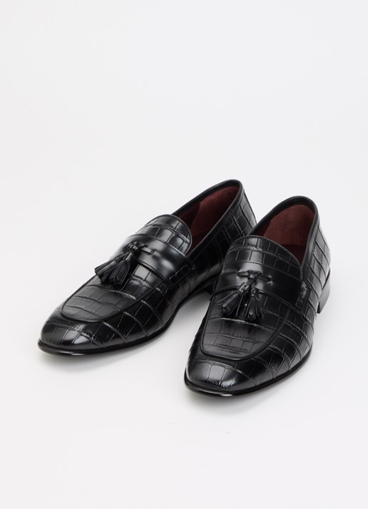 Dune London Son loafer van leer met crocostructuur - detail 2 zwart