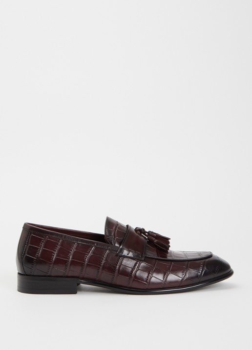 Dune London Son loafer van leer met crocostructuur - voorkant bordeauxrood