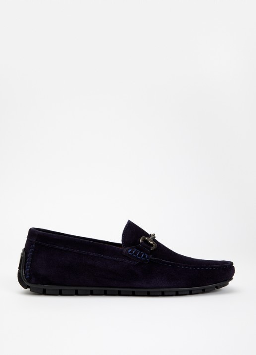 Dune London Wide Fit Brackon mocassin van suède - voorkant 2 donkerblauw