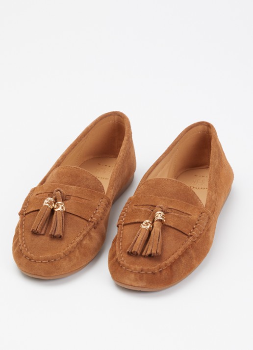 Dune London Wide Fit Geen mocassin van leer met franjes - detail bruin