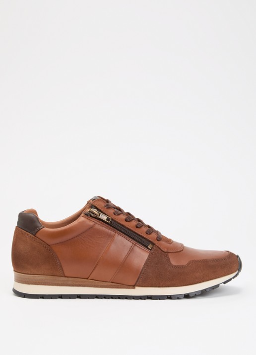 Dune London Wide Fit Thame sneaker van leer met ritsdetail  - voorkant 2 bruin