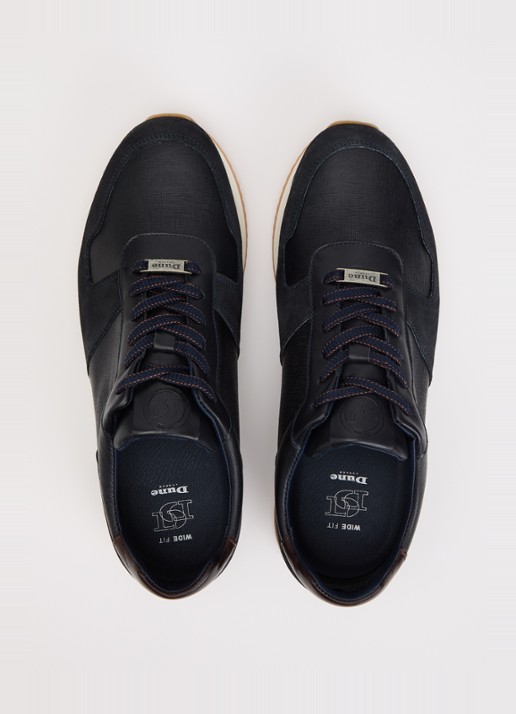Dune London Wide Fit Trusting sneaker van leer met details van suède - detail 3 donkerblauw