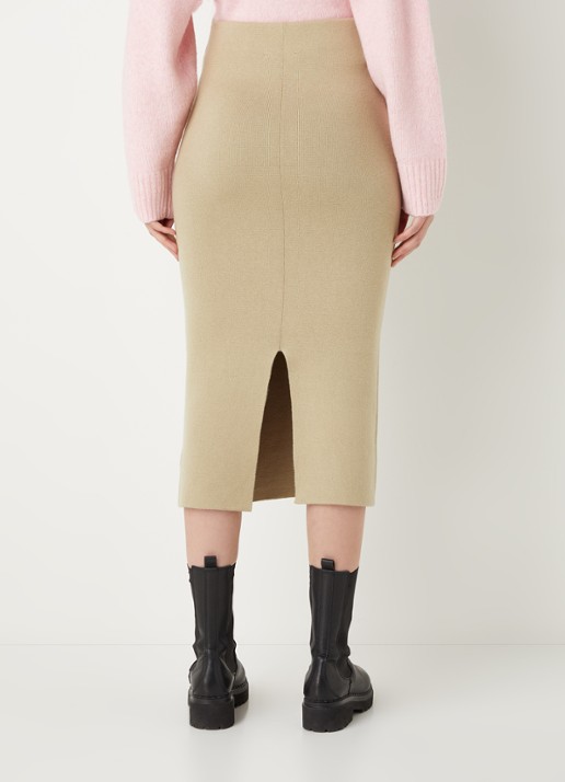 EDITED Kali fijngebreide midi kokerrok in wolblend - achterkant 4 khaki