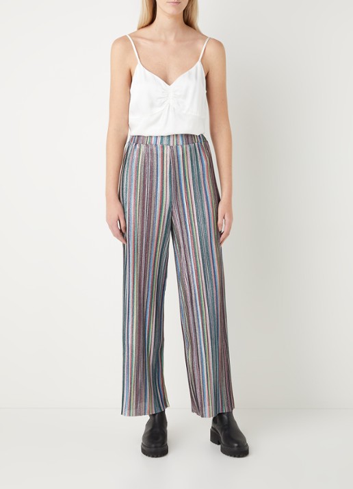 EDITED Philine high waist wide fit pantalon met streepprint en lurex  - voorkant 3 blauw
