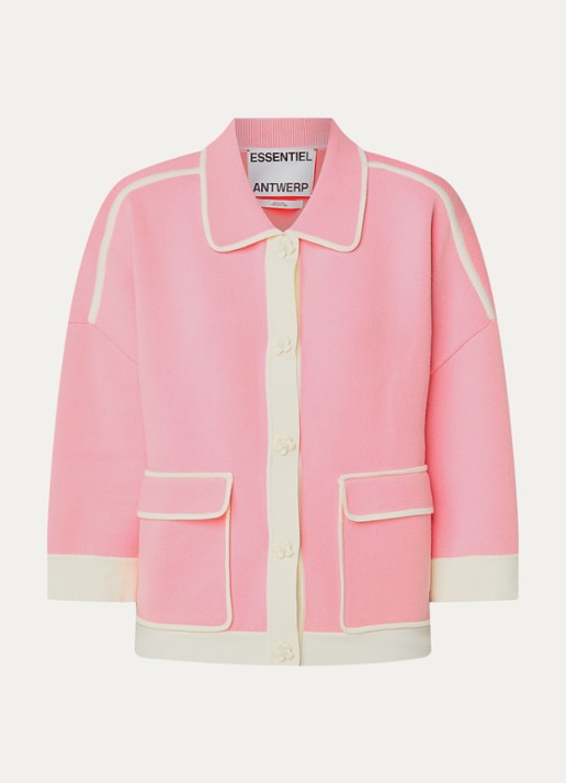 Essentiel Antwerp Fijngebreid vest met klepzakken - voorkant roze