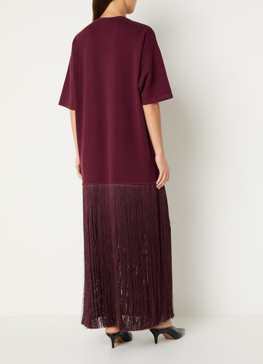 Essentiel Antwerp Fijngebreide maxi trui jurk met franjes - achterkant aubergine