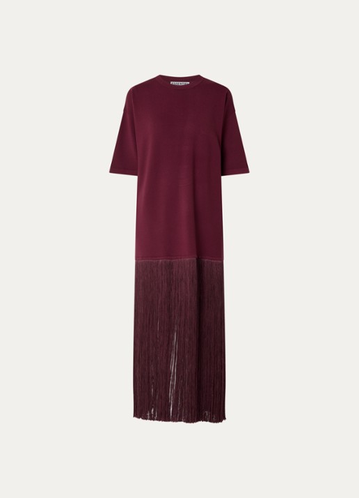 Essentiel Antwerp Fijngebreide maxi trui jurk met franjes - voorkant 3 aubergine