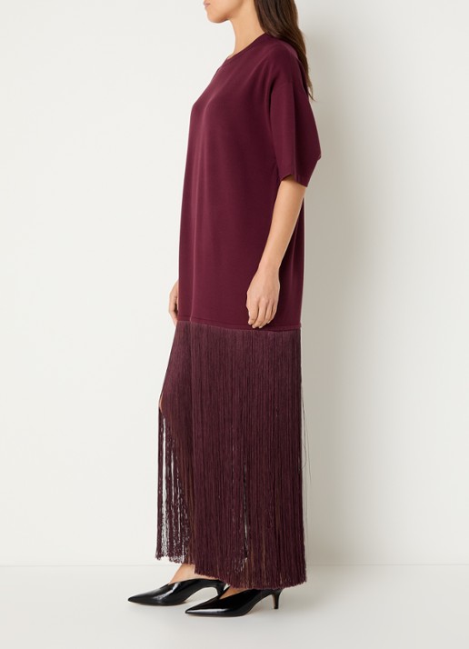 Essentiel Antwerp Fijngebreide maxi trui jurk met franjes - voorkant 4 aubergine
