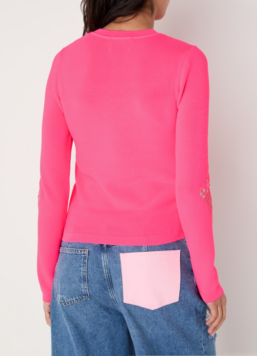 Essentiel Antwerp Grofgebreide trui met bloemborduring - achterkant neonroze
