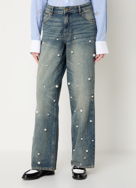 Essentiel Antwerp Held high waist wide leg jeans van  katoen met imitatieparels - detail 4 indigo
