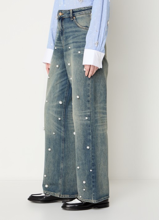 Essentiel Antwerp Held high waist wide leg jeans van  katoen met imitatieparels - detail 5 indigo