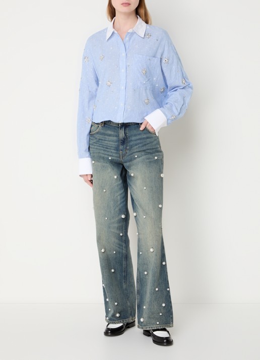 Essentiel Antwerp Held high waist wide leg jeans van  katoen met imitatieparels - voorkant 2 indigo
