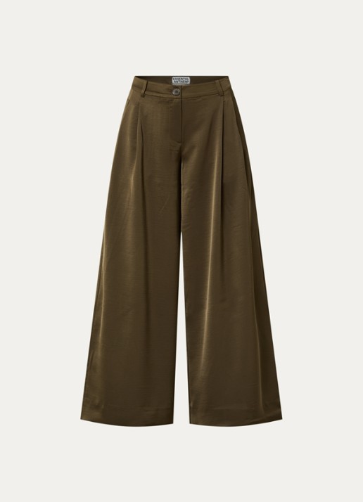 Essentiel Antwerp High waist wide fit pantalon met steekzakken - voorkant bronsgroen