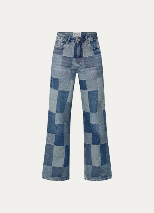 Essentiel Antwerp High waist wide leg jeans met patchwork - voorkant 2 blauw