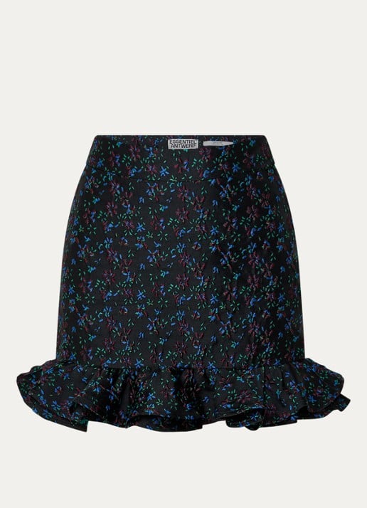 Essentiel Antwerp Imaginary minirok met jacquard dessin en ruches - voorkant 2 zwart