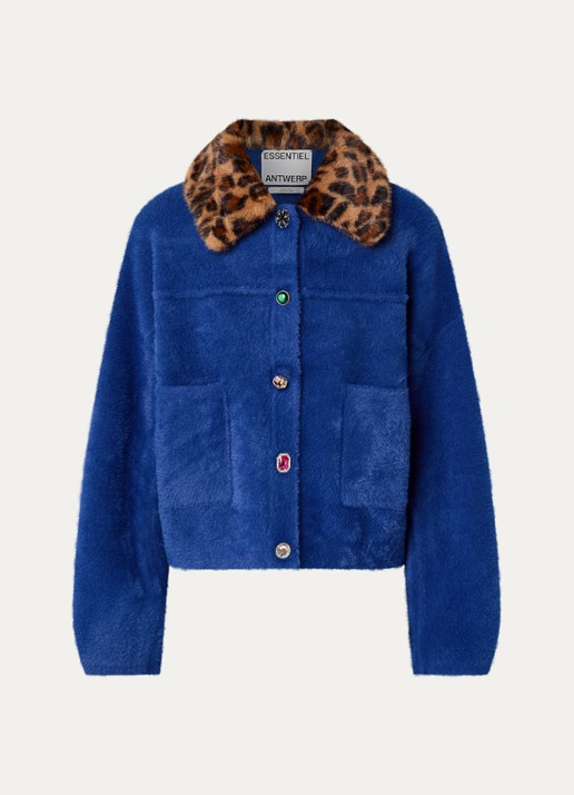 Essentiel Antwerp Intention fijngebreid vest met afneembare imitatiebontkraag - voorkant donkerblauw