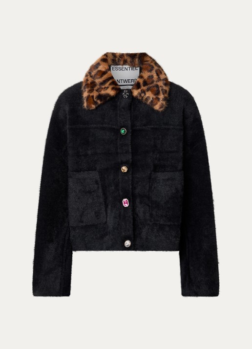 Essentiel Antwerp Intention fijngebreid vest met afneembare imitatiebontkraag - voorkant zwart