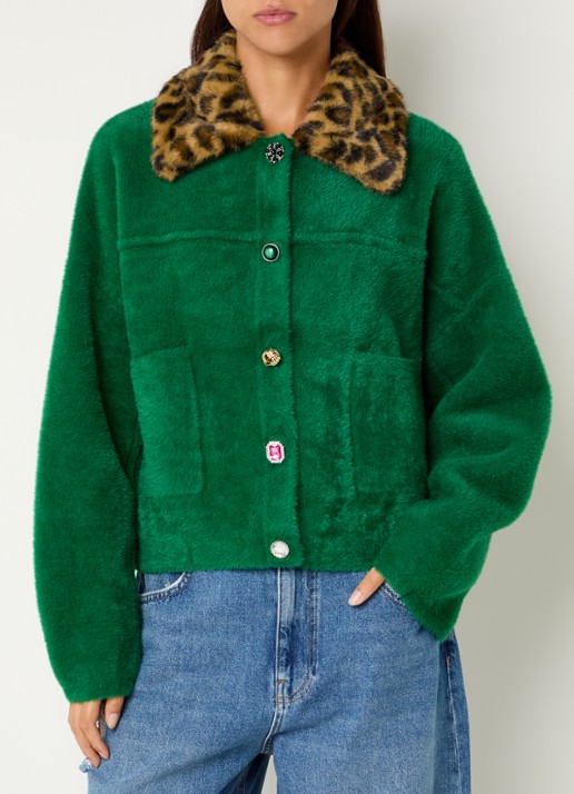 Essentiel Antwerp Intention fijngebreid vest met afneembare imitatiebontkraag - detail groen