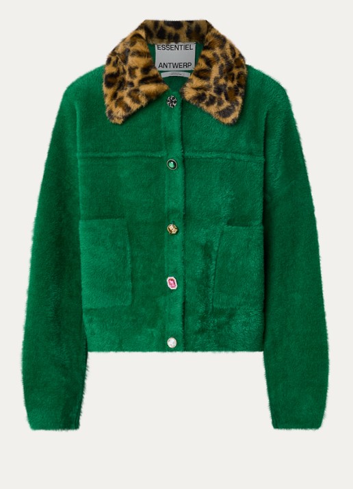 Essentiel Antwerp Intention fijngebreid vest met afneembare imitatiebontkraag - voorkant 3 groen