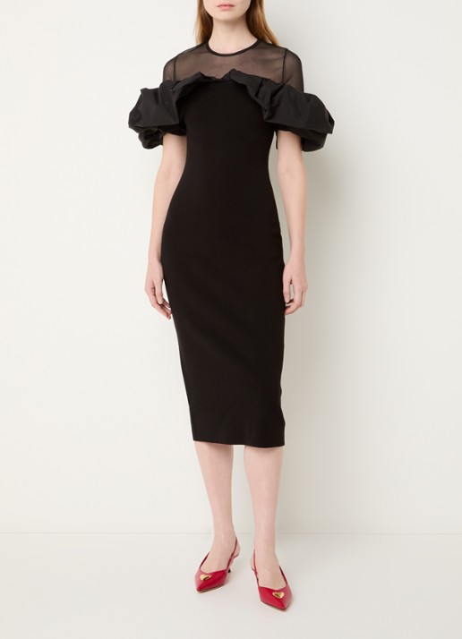 Essentiel Antwerp Isatis semi-transparante midi kokerjurk met pofmouw