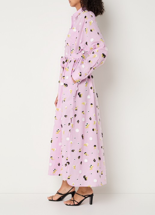Essentiel Antwerp Jamanna midi blousejurk met bloemborduring en strikceintuur - voorkant 4 lila