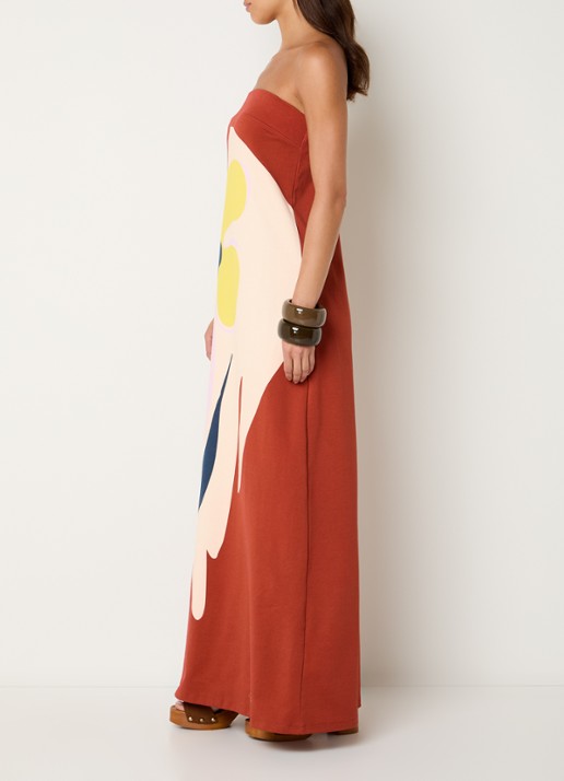 Essentiel Antwerp Jannick strapless maxi jurk met print - voorkant 3 oranjerood