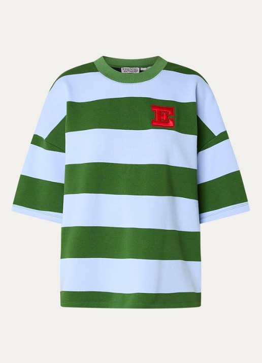 Essentiel Antwerp Jingenie sweater met streepprint  - voorkant groen