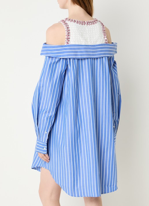 Essentiel Antwerp Jori mini blousejurk met streepprint en pailletten  - achterkant 3 blauw