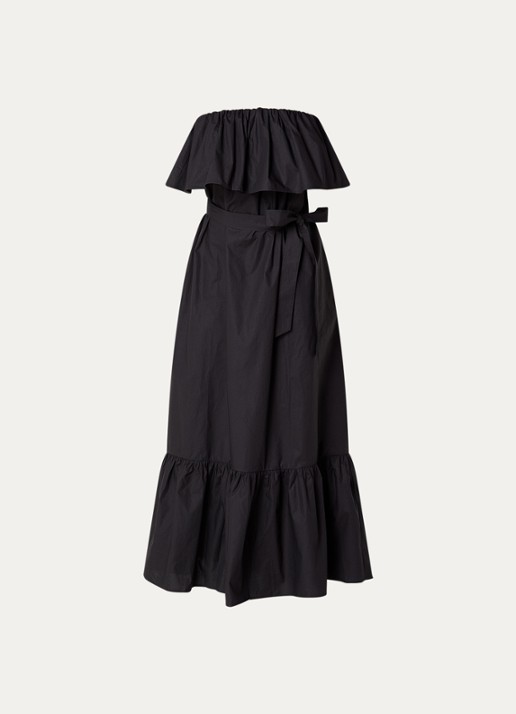 Essentiel Antwerp Joyce strapless maxi jurk met steekzakken en volant