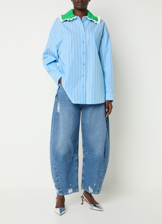 Essentiel Antwerp Joyful blouse met streepprint - voorkant 2 blauwgrijs