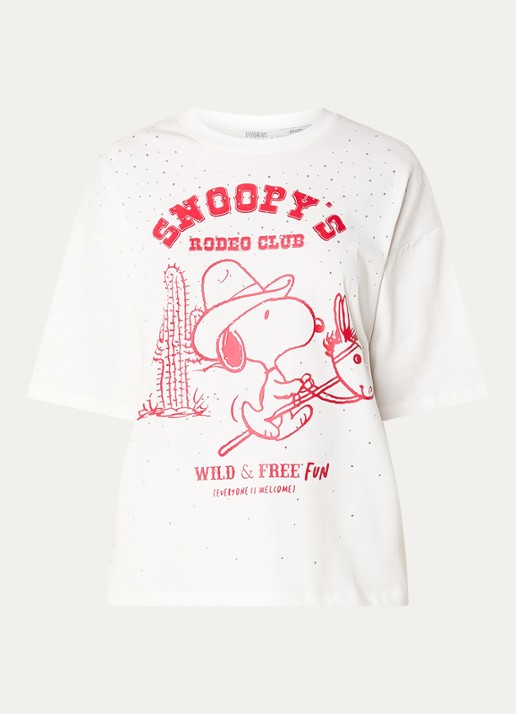 Essentiel Antwerp Junki T-shirt met strass en print - voorkant 2 gebroken wit