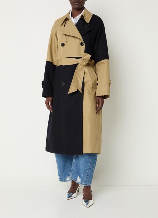 Essentiel Antwerp Just trenchcoat in wolblend met patchwork