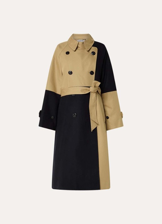 Essentiel Antwerp Just trenchcoat in wolblend met patchwork - voorkant 3 khaki