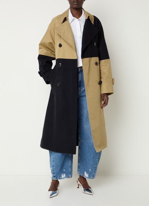 Essentiel Antwerp Just trenchcoat in wolblend met patchwork - voorkant 4 khaki