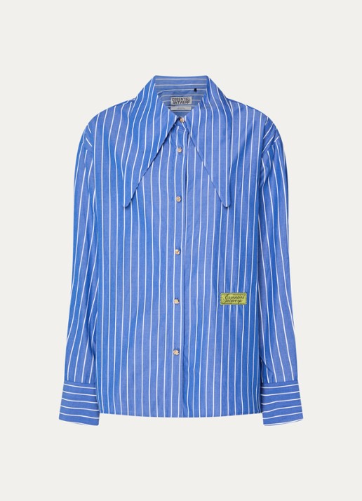 Essentiel Antwerp Kacao blouse met streepprint en logo - voorkant blauw