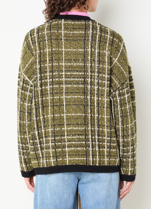 Essentiel Antwerp Kannel grofgebreid vest met ruitdessin en tweed-look - achterkant mosgroen