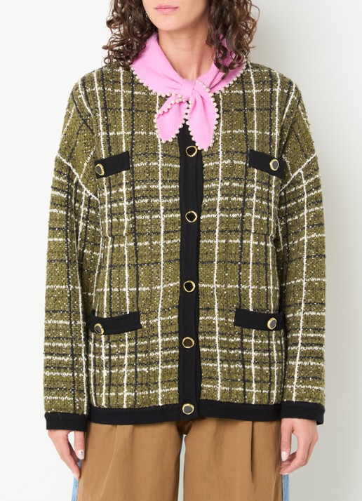 Essentiel Antwerp Kannel grofgebreid vest met ruitdessin en tweed-look - detail 4 mosgroen