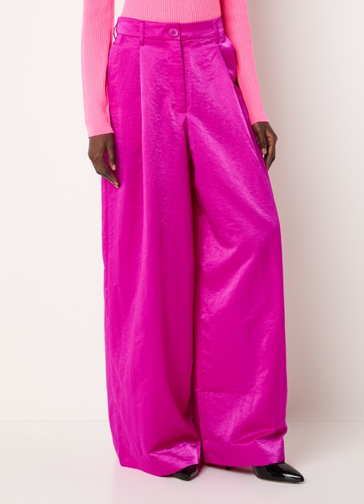 Essentiel Antwerp Karmen high waist wide fit palazzo broek met glanzende finish - detail fuchsia