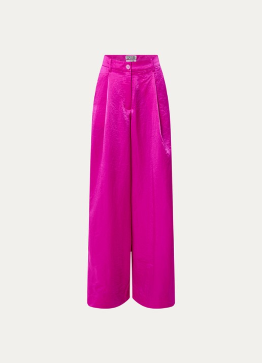 Essentiel Antwerp Karmen high waist wide fit palazzo broek met glanzende finish - voorkant 2 fuchsia