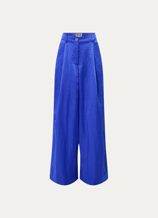 Essentiel Antwerp Karmen high waist wide fit palazzo broek met glanzende finish - voorkant kobaltblauw
