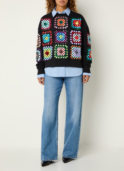 Essentiel Antwerp Karnaval sweater met pailletten  - voorkant 3 zwart