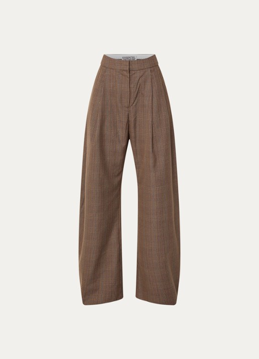 Essentiel Antwerp Karoll2 low waist balloon fit pantalon in wolblend met ruitdessin - voorkant 3 hazelnootbruin