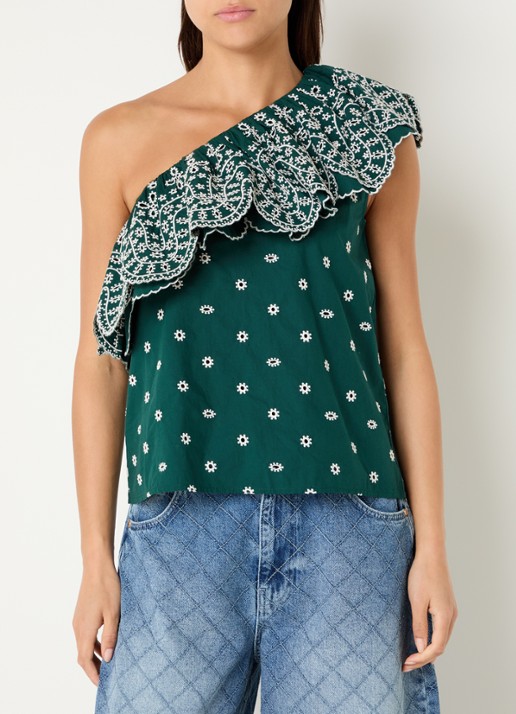 Essentiel Antwerp Kathscallop one shoulder top met ruches en broderie