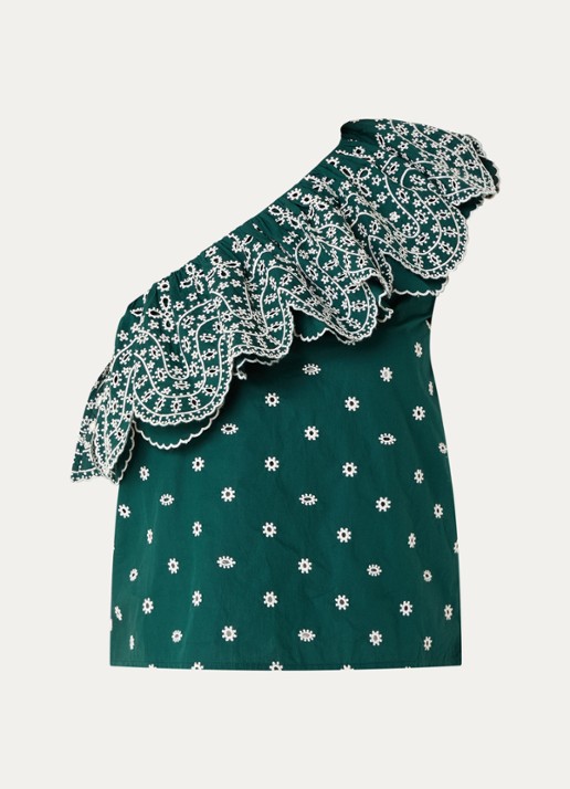 Essentiel Antwerp Kathscallop one shoulder top met ruches en broderie - voorkant 3 groen