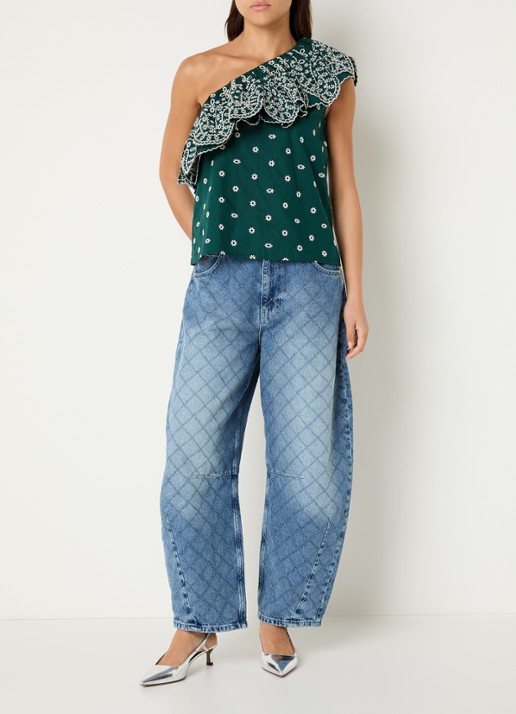 Essentiel Antwerp Kathscallop one shoulder top met ruches en broderie - voorkant 4 groen