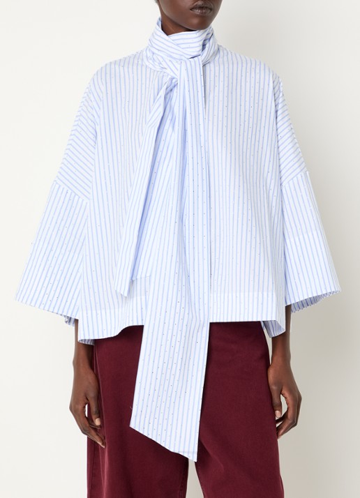 Essentiel Antwerp Kefir blouse met streepprint en sjaalkraag - detail blauw